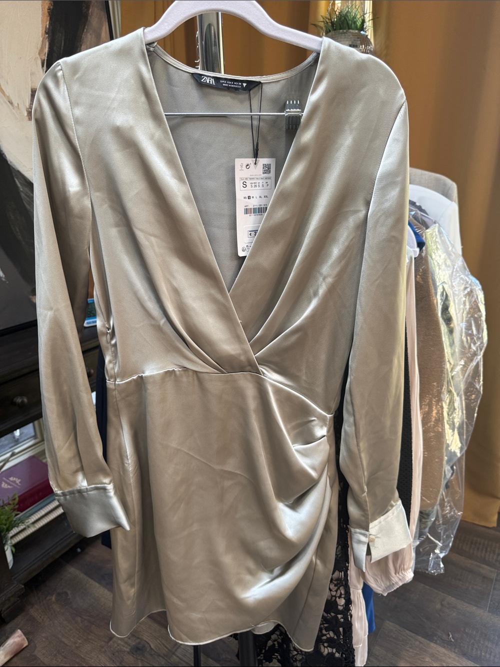 Zara Metallic Silver Satin Mini Wrap Dress